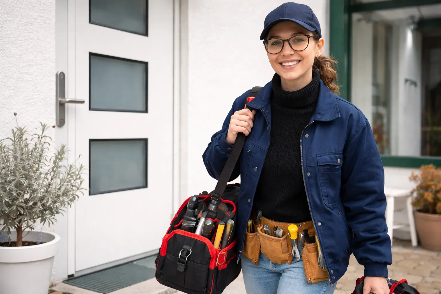 professional locksmith arrives with tools to help open the door